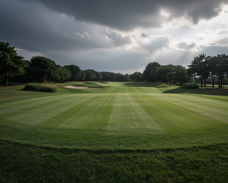 Dramatic golf course under heavy clouds